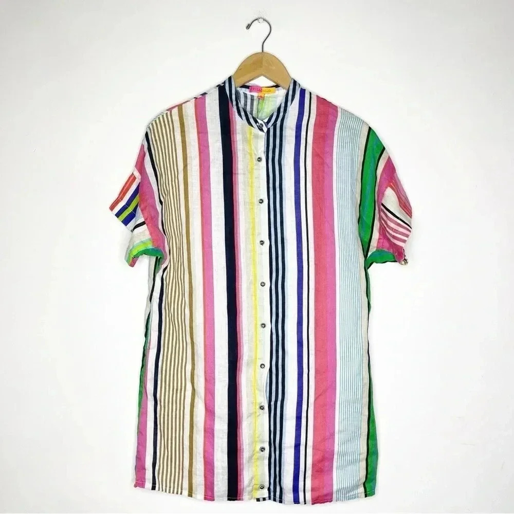 VILAGALLO Linen HARPER DRESS MULTI STRIPES Size Small